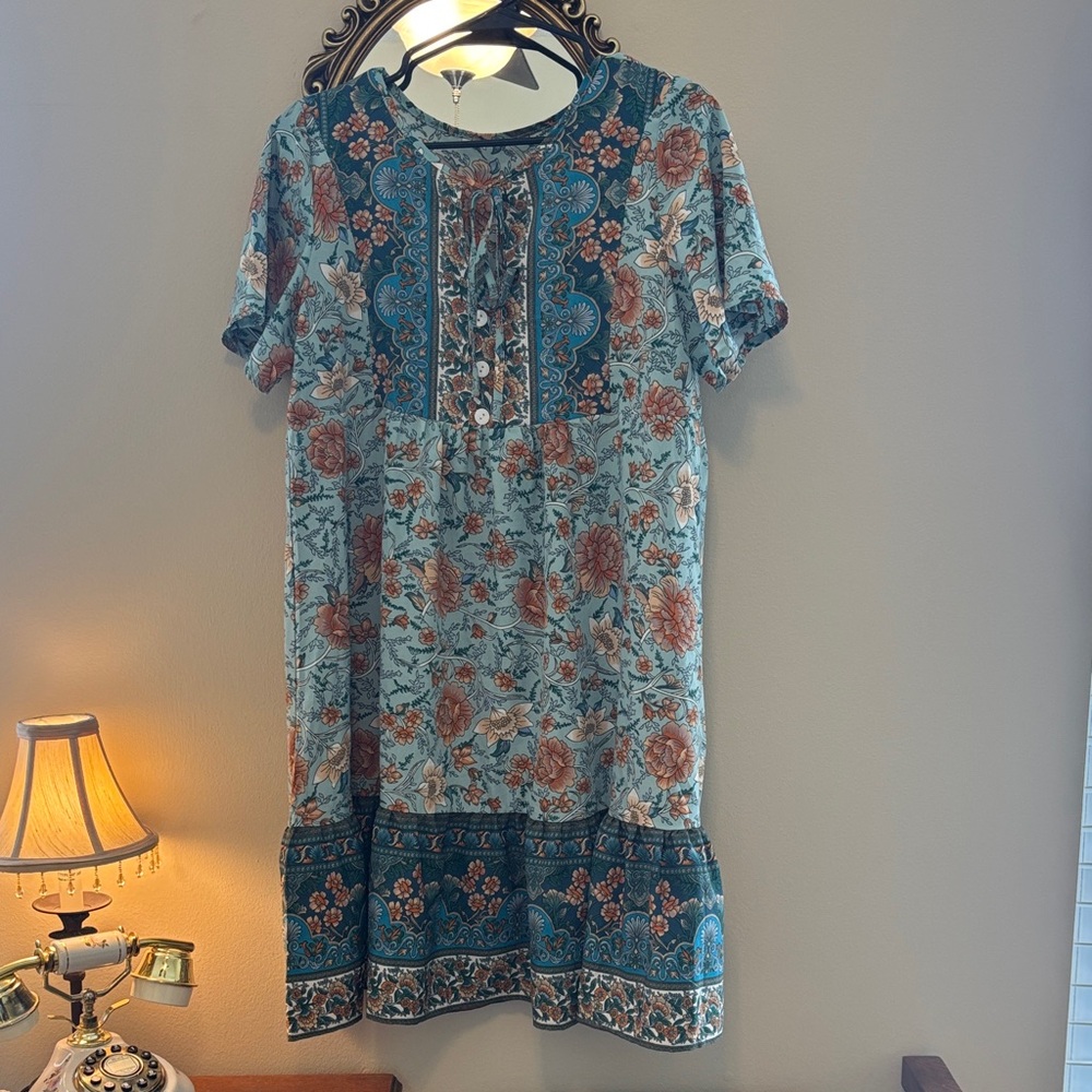 Teal Paisley Print Dress with Rust Accents